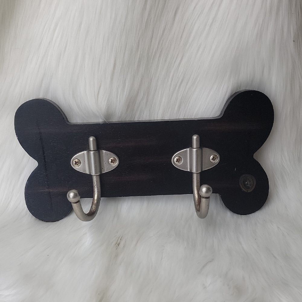 Bone Shaped Espresso Color Silver Double Hook Dog Leash Wall‎ Mount Storage Unit